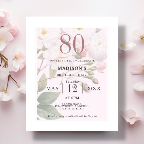 Blush Floral  80th Budget Birthday Invitation