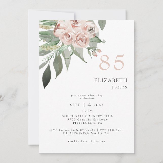 Blush Floral 85TH Birthday Party Invitation (Front)