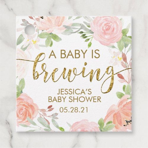 Blush Floral A Baby is Brewing Baby Shower Favor Tags