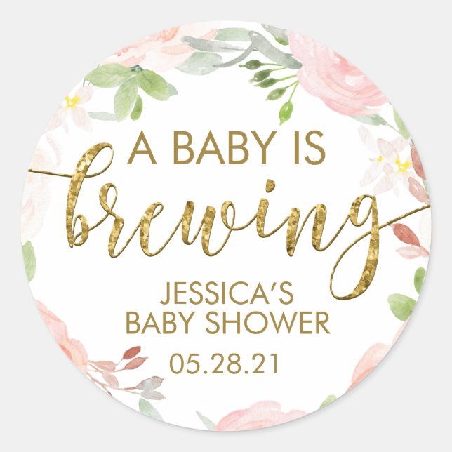 Blush Floral A Baby is Brewing Round Baby Shower Classic Round Sticker (Front)