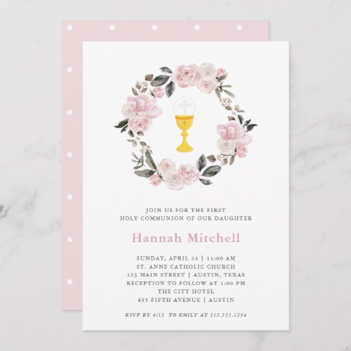 Blush Floral and Chalice  First Holy Communion Invitation