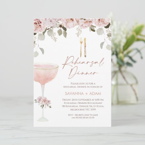 Blush Floral And Glass Rehearsal Dinner Invitation