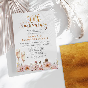 Blush Floral And Gold 50th Anniversary Invitation