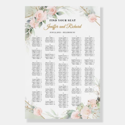 Blush floral and gold Alphabetical seating chart Foam Board