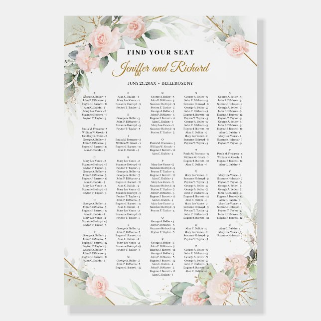 Blush floral and gold Alphabetical seating chart Foam Board (Front)