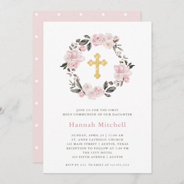 Blush Floral and Gold Cross | First Holy Communion Invitation (Front/Back)