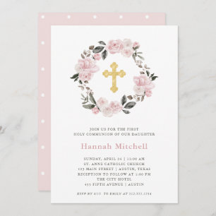 Blush Floral and Gold Cross First Holy Communion Invitation