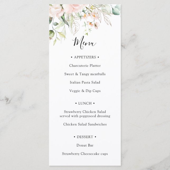 Blush Floral and Greenery Bridal Shower Menu (Front)