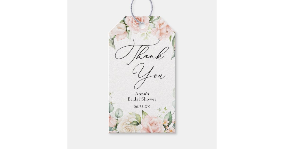 Blush Floral and Greenery Thank You Bridal Shower Gift Tags | Zazzle