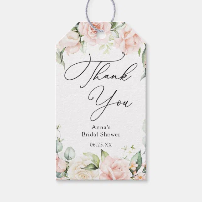 Blush Floral and Greenery Thank You Bridal Shower Gift Tags | Zazzle