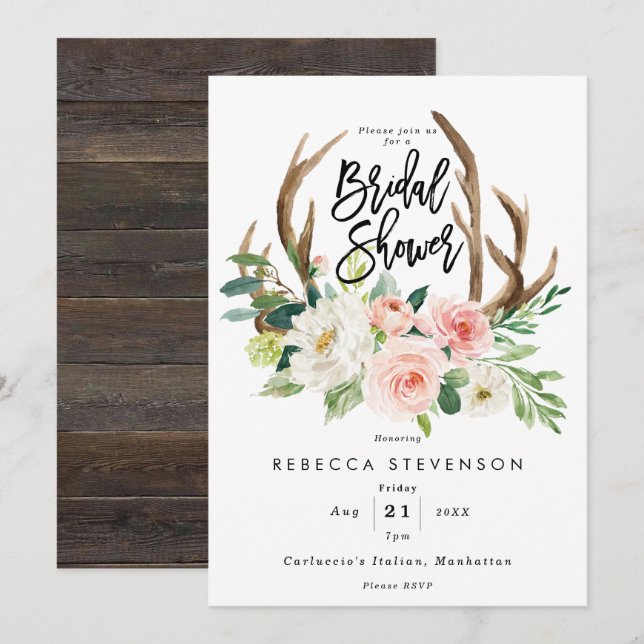 blush floral antlers bridal shower invitation (Front/Back)
