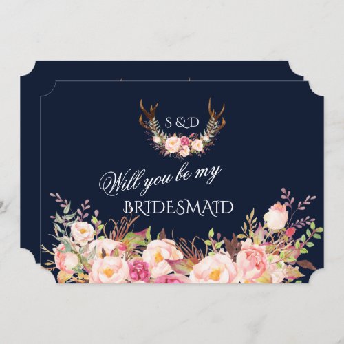 Blush Floral Antlers Will You Be My Bridesmaid Invitation