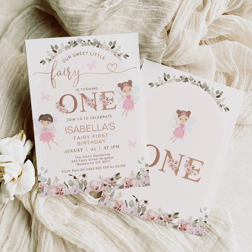 Blush Floral Arch Our Fairy 1st Birthday Invitation