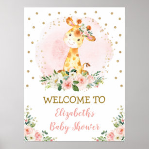 Blush Floral Baby Giraffe Safari Wild One Welcome Poster