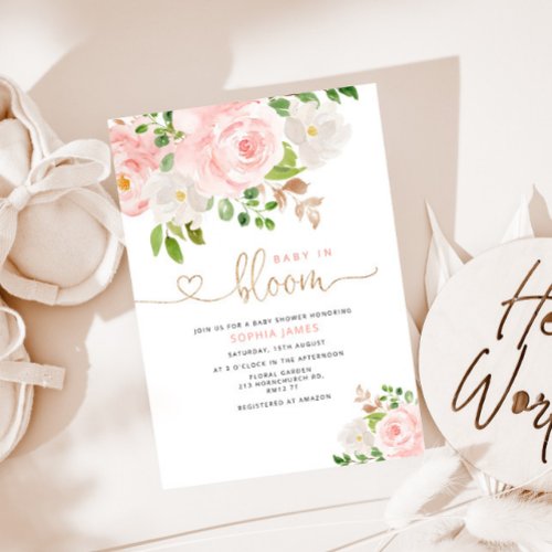 Blush floral baby in bloom baby shower invitation