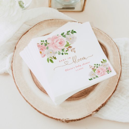 Blush floral baby in bloom baby shower napkins