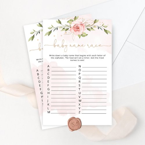 Blush floral baby name race baby shower game