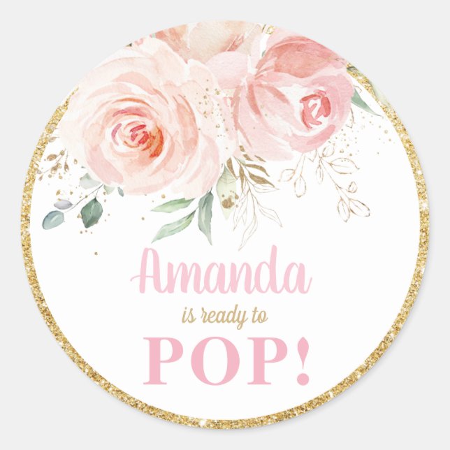 Blush Floral Baby Shower About Ready to Pop Favor Classic Round Sticker (Front)
