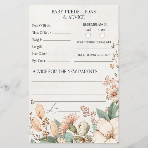 blush floral baby shower advice  predictions card
