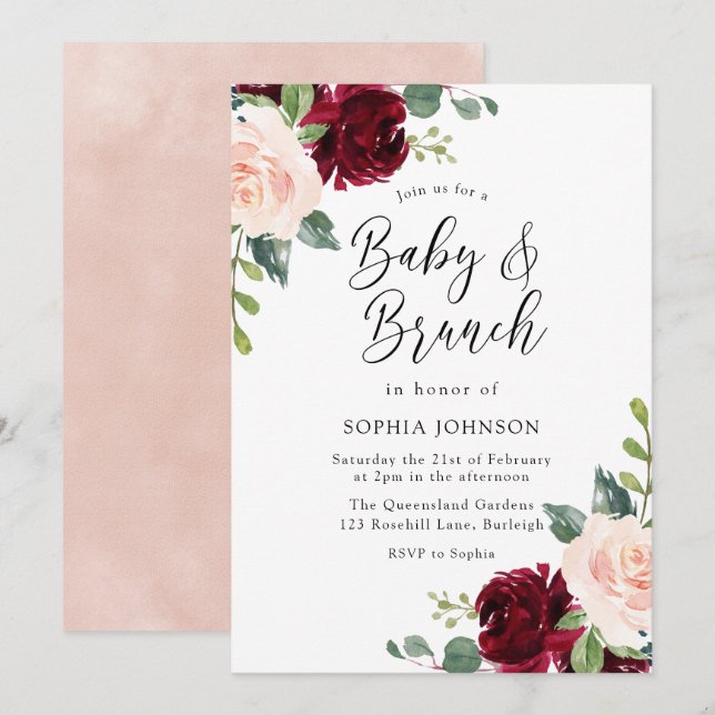 Blush Floral Baby Shower Baby & Brunch Invitation (Front/Back)