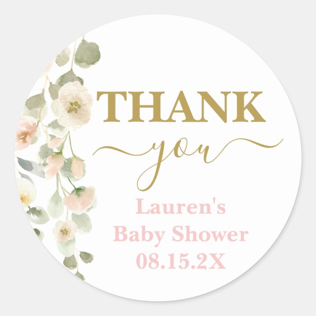 Blush Floral Baby Shower Classic Round Sticker (Front)