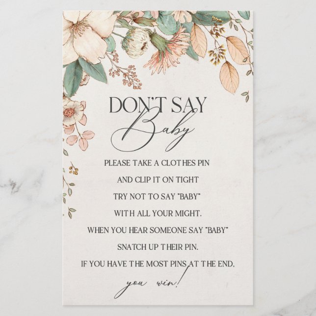 blush floral baby shower dont say baby game  (Front)