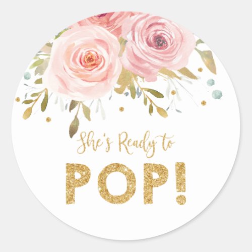 Blush Floral Baby Shower Shes Ready to Pop Favor Classic Round Sticker