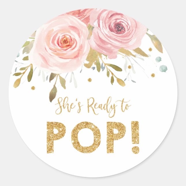Blush Floral Baby Shower She's Ready to Pop Favor Classic Round Sticker (Front)