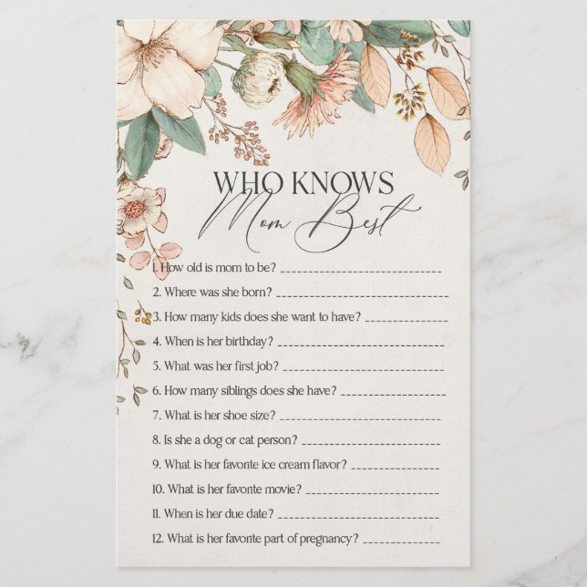 blush floral baby shower who knows mom best game  (Front)