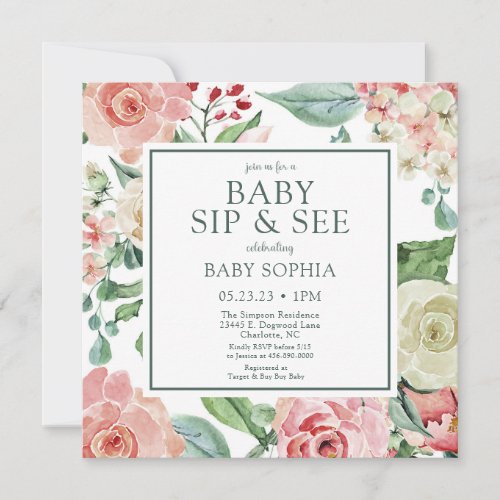 Blush Floral Baby Sip and See Invitation