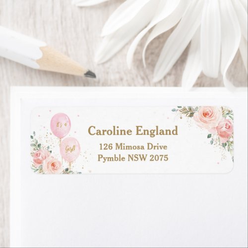 Blush Floral Balloons Baby Shower Return Address Label