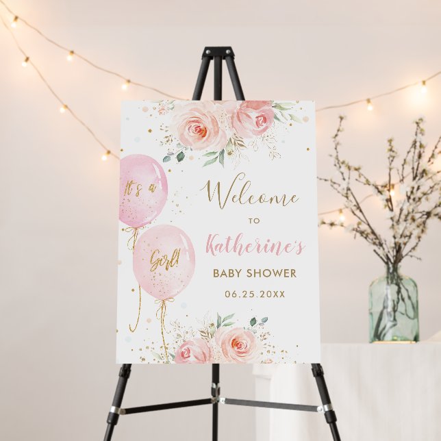 Blush Floral Balloons Girl Baby Shower Welcome Foam Board (In Situ (Stand))
