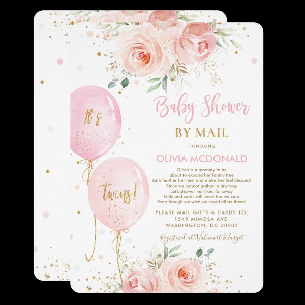 Blush Floral Balloons Twins Baby Shower by Mail Invitation