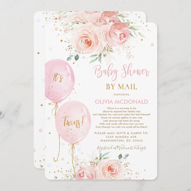 Blush Floral Balloons Twins Baby Shower by Mail Invitation (Front/Back)