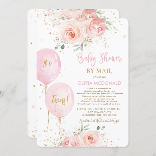 Blush Floral Balloons Twins Baby Shower by Mail Invitation