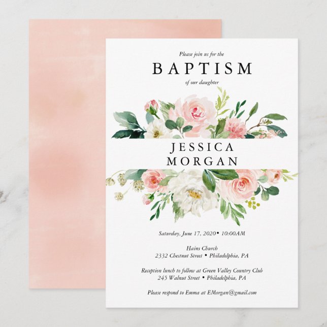 Blush Floral Baptism Invitation Card (Front/Back)