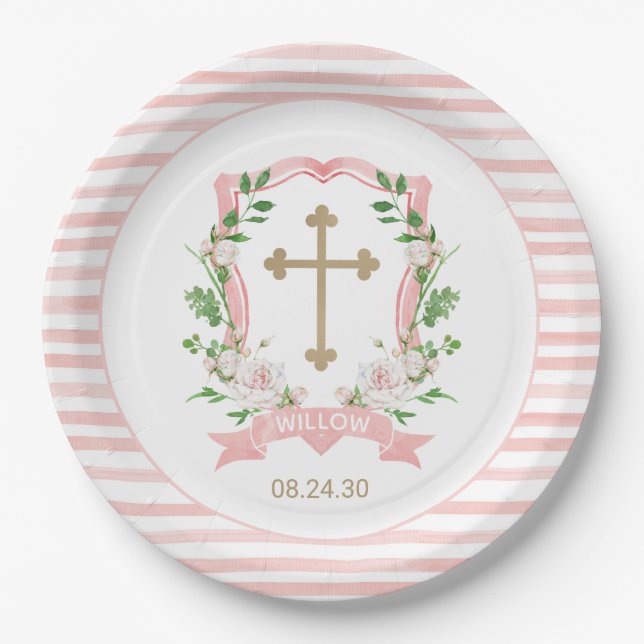 Blush Floral Baptism Paper Plates (Front)