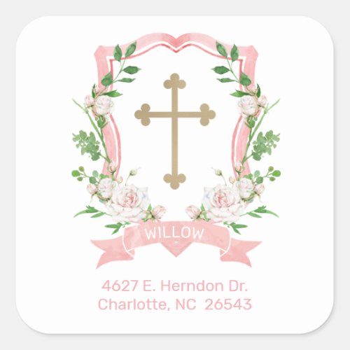 Blush Floral Baptism Return Address Square Sticker