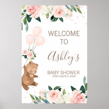Blush Floral Bear Balloon Baby Shower Welcome Sign by figtreedesign at Zazzle