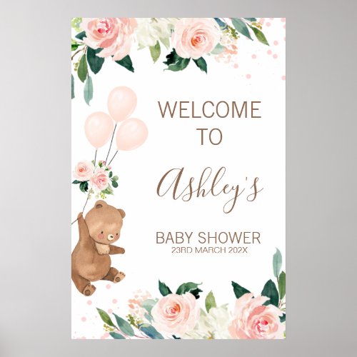 Blush Floral Bear Balloon Baby Shower Welcome Sign