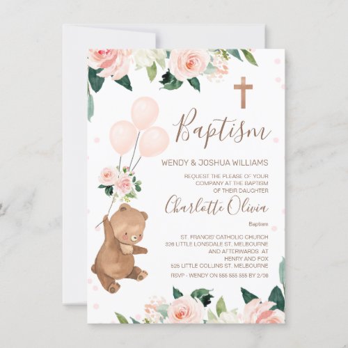 Blush Floral Bear Balloons Baptism Invitation