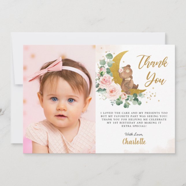 Blush Floral Bear Crescent Moon Birthday Photo Thank You Card (Front)