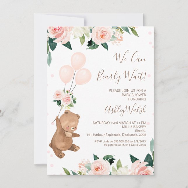 Blush Floral Bear We Can Bearly Wait Baby Shower Invitation (Front)
