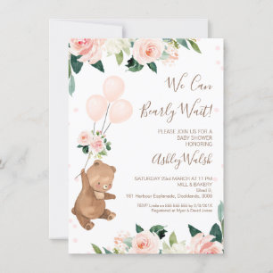 Blush Floral Bear We Can Bearly Wait Baby Shower Invitation