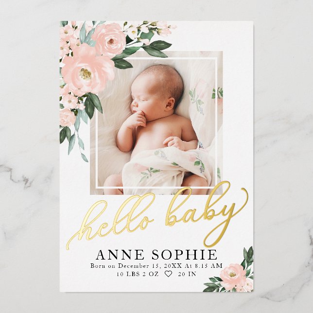 Blush Floral Birth Announcement & Thank You Card (Front)