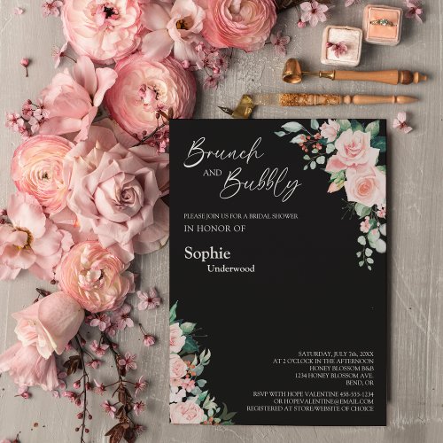 Blush Floral Black Bridal Brunch And Bubbly Invitation