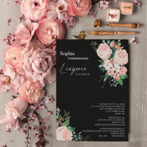 Blush Floral Black Bridal Lingerie Shower Invitation