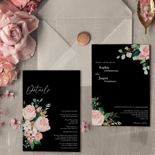 Blush Floral Black Details All In One Wedding Invitation
