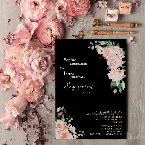 Blush Floral Black Engagement Party Invitation