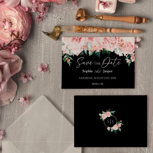 Blush Floral Black Flat Save The Date Card